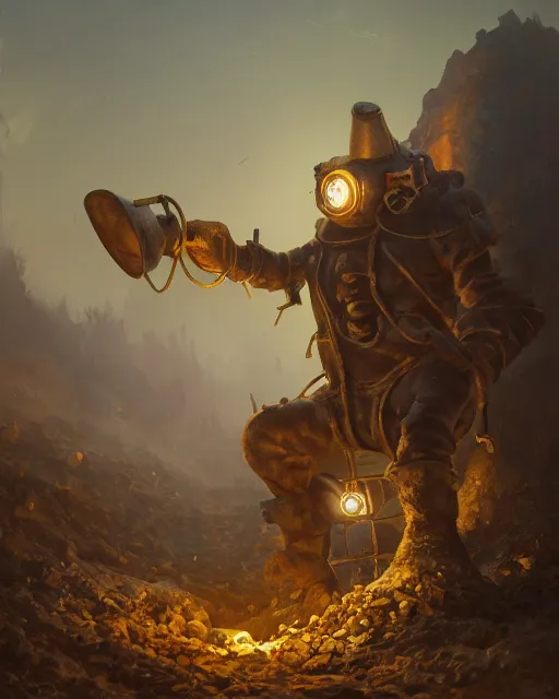 Prompt: oil painting of poor anthropomorphized mole mining gold, full body, sharp focus, fantasy style, dark steampunk mine shaft backround, octane render, volumetric lighting, 8k high definition, by greg rutkowski, highly detailed, trending on art Station