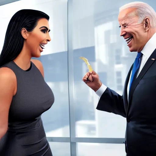 Image similar to stock photo of kim kardashian, and joe biden wearing suits and ties laughing in an office building, 8k resolution, full HD, cinematic lighting, award winning, anatomically correct