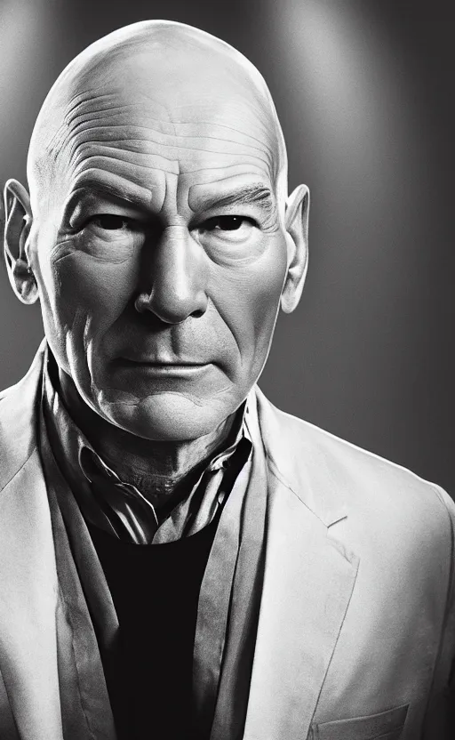 Image similar to Patrick Stewart as Professor X, backlit lighting, atmospheric