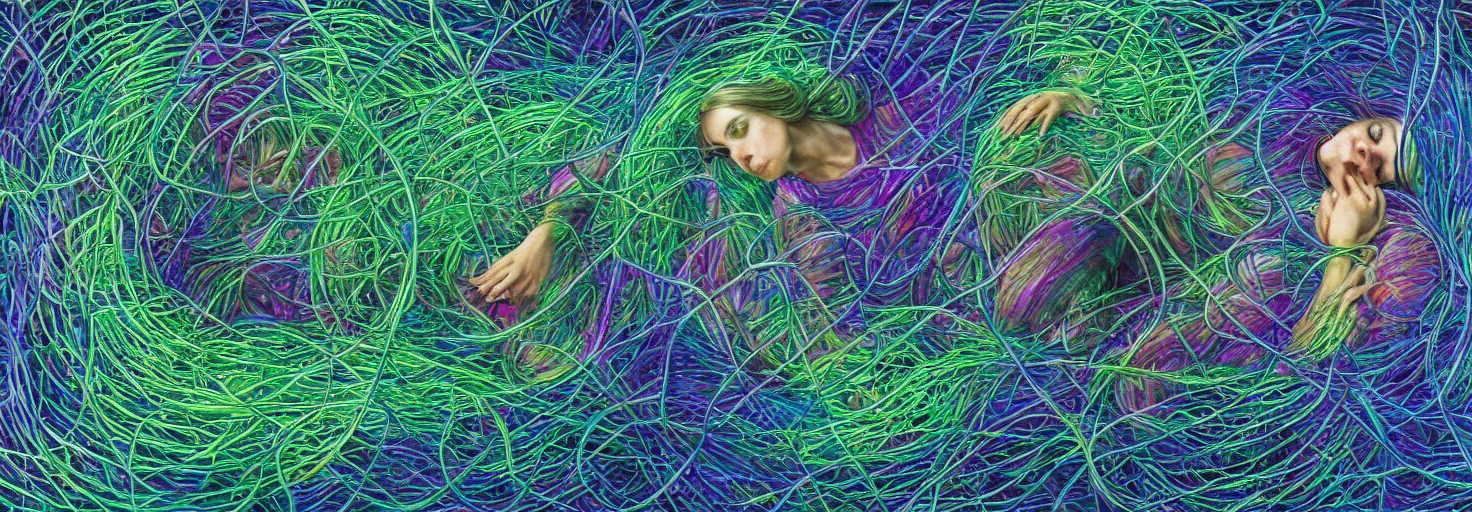 Image similar to a person trapped in the fetal position inside of extremely thick iridescent vines intertwined, central circular composition, high saturation, epic lighting, in the style of Peter gric and Amanda Sage 8k