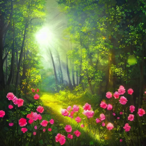 Prompt: “A beautiful painting of a forest in summer, wild roses in distance, sunlight, detailed, light effect, Trending on artstation”