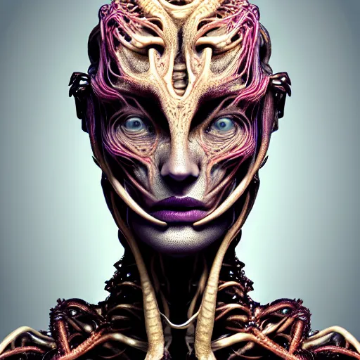 Image similar to a high quality photo of a young beautiful female queen-roots-dragon-cyborg bust with a very long neck and Mandelbrot fractal face, Mandelbrot fractal skin, flesh, anatomical, facial muscles, veins, arteries, elegant, highly detailed, flesh highly baroque ornate, hair are wired cables, elegant, high fashion, rim light, octane render, in the style of Flora Borsi, Realistic, Refined, Digital Art, Highly Detailed, Cinematic Lighting, dramatic colors scheme, photo-realistic, 8K
