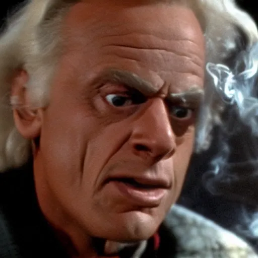 Prompt: deleted footage from back to the future part II, Doc Brown smoking a bong