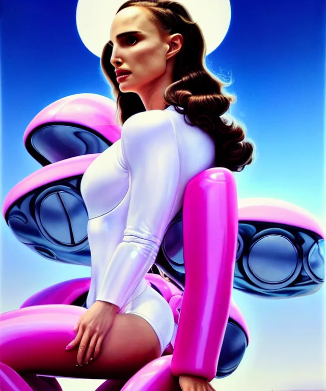 Image similar to beautiful fantasy character portrait, natalie portman, wearing oversized plastic puffy pink bomber jacket and white leotard, seductive seated pose, futuristic chrome vehicle, ultra realistic, wide angle, dramatic lighting, robots, cyberpunk artifacts, highly detailed by boris vallejo, aaron horkey, paolo eleuteri serpieri, hajime sorayama, peter mohrbacher,,