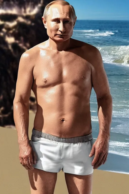 Prompt: Putin on a beach in shorts, full character, hyper realistic, highly detailed