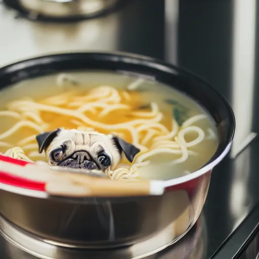 Prompt: An adorable pug sitting in a pot of ramen noodle soup atop a stove, high resolution photograph