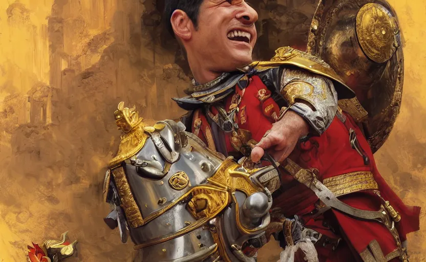 Prompt: smiling spanish conquer soldier holding golden cup on a inca temple, highly detailed, digital painting, artstation, concept art, sharp focus, dreamy illustration, art by katsuhiro otomo, magali villeneuve, artgerm, rutkowski jeremy lipkin and giuseppe dangelico pino and michael garmash and rob rey