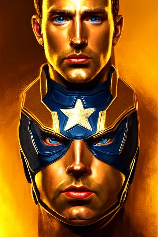 Image similar to Portrait of captain america, elegant, photorealistic, highly detailed, artstation, smooth, sharp focus, gold ornaments, neon lighting, sci-fi, art by Klimt