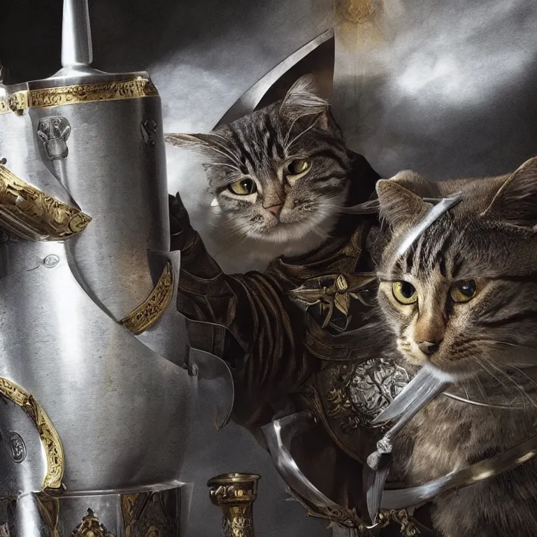 Image similar to an amazing award winning photo of a cat as knight templar protecting the holy grail, very detailed and sharp, 4k hdr, cinematic masterpiece