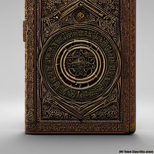 Image similar to an ancient ornate intricate old tome spell book with the sigil symbol of an eye emblazoned on the cover, cinematic, realistic, intricate detail, finely detailed, small details, extra detail, photorealistic, high resolution, 3 d, pbr, path tracing, volumetric lighting, octane render, arnold render, 8 k