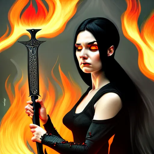 Image similar to portrait, woman with black hair called the lady of ash wielding a sword, elegant, digital illustration, fire magic, detailed, intricate, sharp focus, digital painting