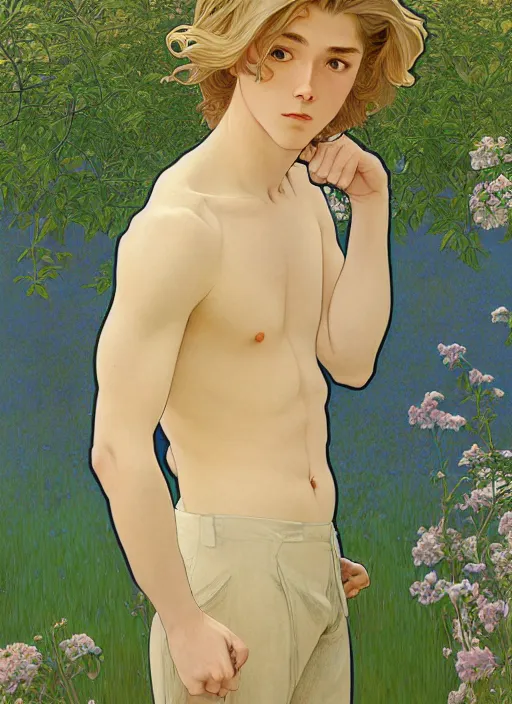 Image similar to pretty young man with shoulder length blond hair, male, half body shot, path traced, highly detailed, high quality, digital painting, by studio ghibli and alphonse mucha, leesha hannigan, hidari, art nouveau, chiho aoshima, jules bastien - lepage