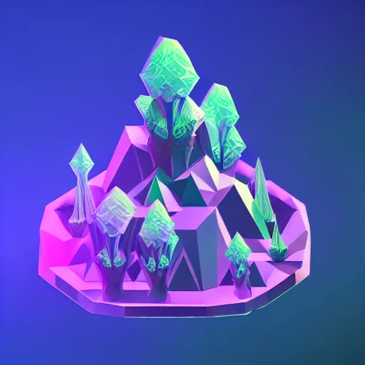 Prompt: mobile game asset, isometric staircase, crystals, organic low poly design, bioluminescent alien - like plants inspired by the pandora aesthetic avatar's alien nature. we can see alien plants glowing in the dark arround the isometric itens in dark place cyan, orange smooth glow night photoshop filter low poly behance hd