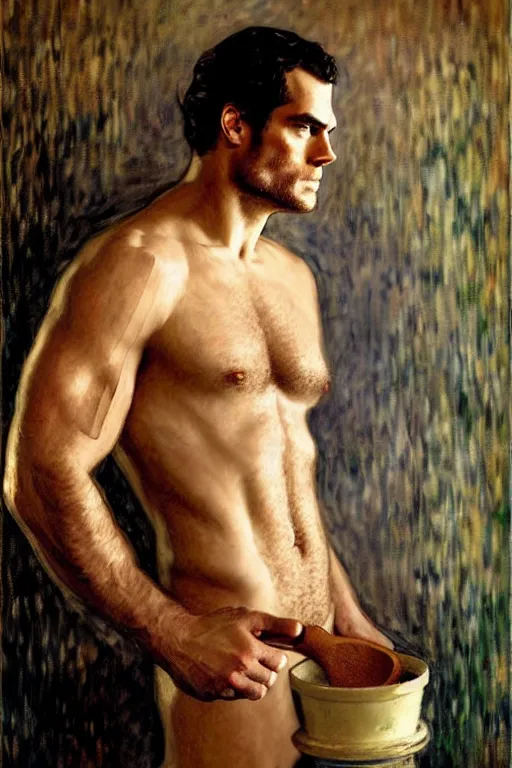 Prompt: henry cavill as a baker, kneading dough, painting by tom of finland, gaston bussiere, craig mullins, j. c. leyendecker, claude monet