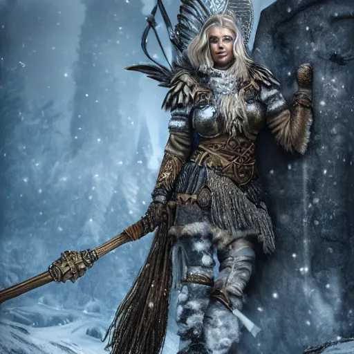 Prompt: full height picture with scandinavian valkyrie in armour insanely ornamented with decorations, valhalla, ice, nord, incredible detailed, octane render, dark north pagan mysterious atmosphere.