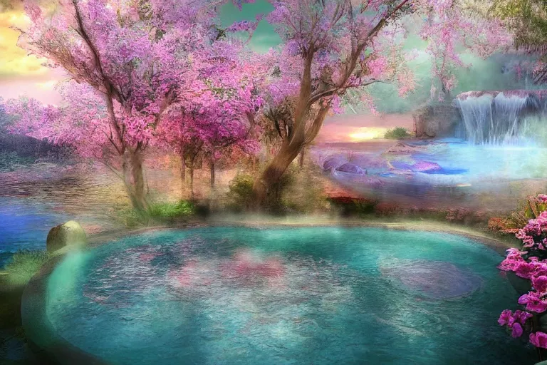 Prompt: a soothing hot spring at the edge of a dream, digital art