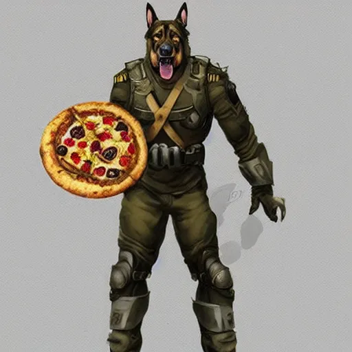 Prompt: a humanoid german shepherd beast - man in military style, holding a slice of pizza, artstation, concept art, smooth, sharp foccus ilustration, artstation