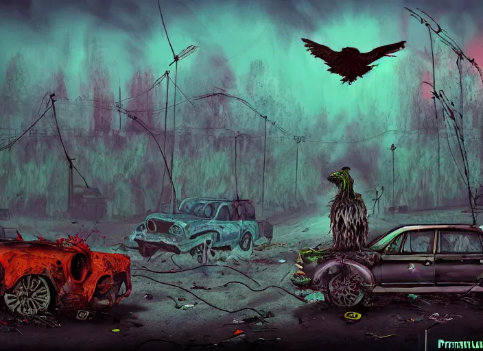 Image similar to a bad psychedelic trip, cows falling onto pits of fire, crows perched on a barbed wire fence, smog and abandoned vehicles litter the streets, zombified creatures walk the earth, digital painting masterpiece, trending on artstation and pixiv