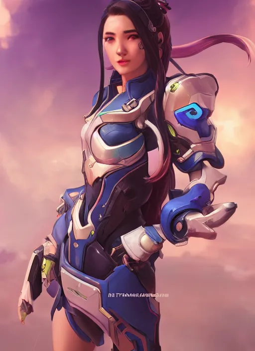 Image similar to character portrait of a fusion of D.Va from Overwatch and Hanzo from Overwatch by ArtGerm and Tom Bagshaw, 4k, highly detailed, cinematic lighting, characters merged