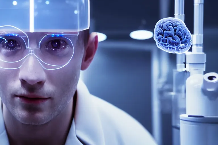 Prompt: vfx film closeup, man in laboratory copying his brain into digital ai glass robot brain, eeg wired futuristic advanced technology, flat color profile low - key lighting award winning photography arri alexa cinematography, hyper real photorealistic cinematic beautiful natural skin, famous face, atmospheric cool colorgrade