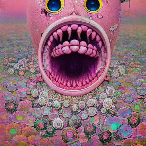 Image similar to pink scream by takashi murakami and zdzisław beksiński, intricately detailed artwork, full 8k high quality resolution, recently just found unknown masterpiece