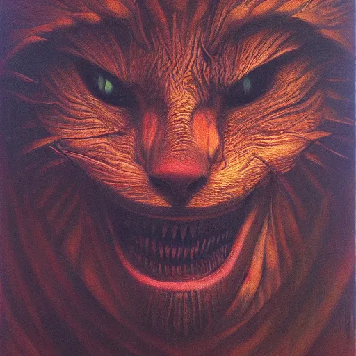 Image similar to grinning evil cat, HD, award winning, in style of beksinski, film grain, medium format, 8k resolution, oil on canvas