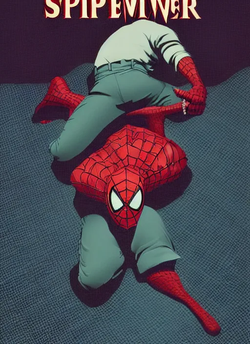 Prompt: poster artwork by Michael Whelan and Tomer Hanuka, John Romita Jr of Spiderman as a failed husband, from scene from Twin Peaks, clean, simple illustration, nostalgic, domestic, full of details