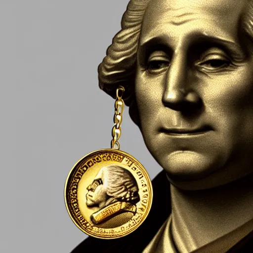 Image similar to a closeup photorealistic illustration of a happy George Washington holding wearing a chain around his neck with a small gold Doubloon coin as a necklace. This 4K HD image is Trending on Artstation, featured on Behance, well-rendered, extra crisp, features intricate detail and the style of Unreal Engine.