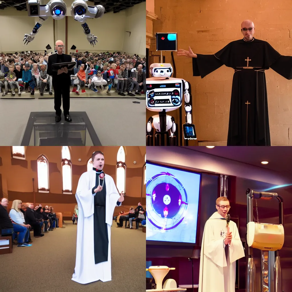 Prompt: A robotic priest from the church of robotology, delivering a sermon to a congregation of robots