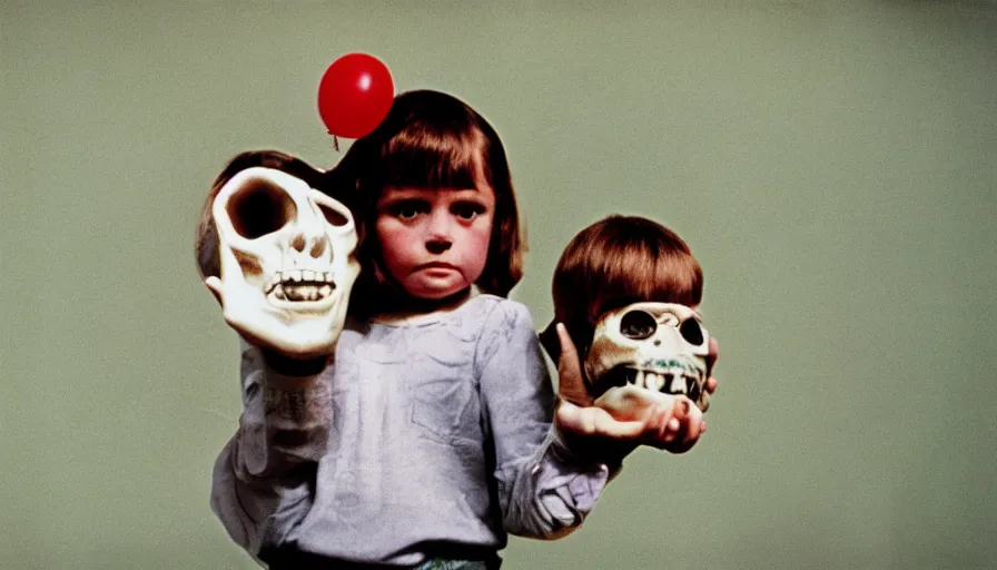 Image similar to 7 0 s film still from a horror movie featuring a child holding a skull and balloon, kodachrome, cinecolor, cinestill, photorealism, cinematic, film grain, film texture, vhs recording