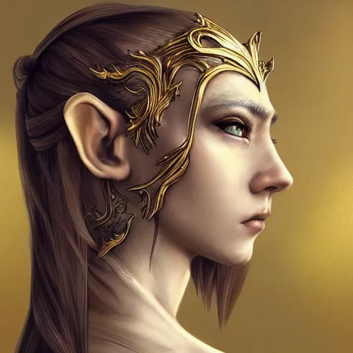 Image similar to side portrait!!! of a female elven warrior, fantasy, head tilted down, hair in the wind, gold armour, gold jewelry, white skin, detailed face!!!!!, trending on artstation, gsociety, D&D, elegant, symmetrical facial features, highly detailed, sophisticated, hyperrealistic, detailed painting, smooth, sharp focus, upper body, intricate, rule of thirds, holy glow, backlit, hd 4k by Greg Rutkowski, Charlie Bowater, Karol Bak