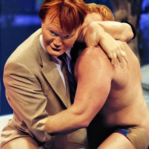 Image similar to conan o'brien and andy richter wrestling, by michelangelo