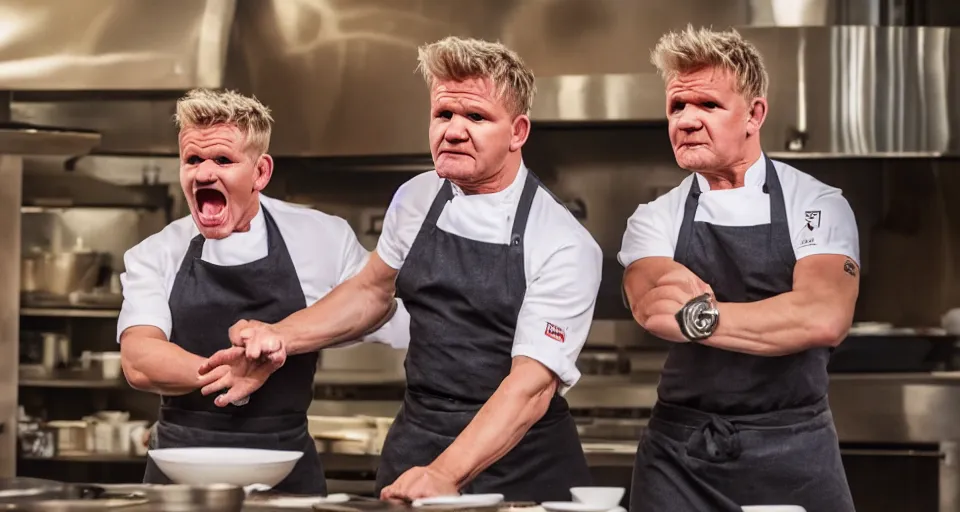 Image similar to photo of angry furious Gordon Ramsay punching Gordon Ramsay at the kitchen