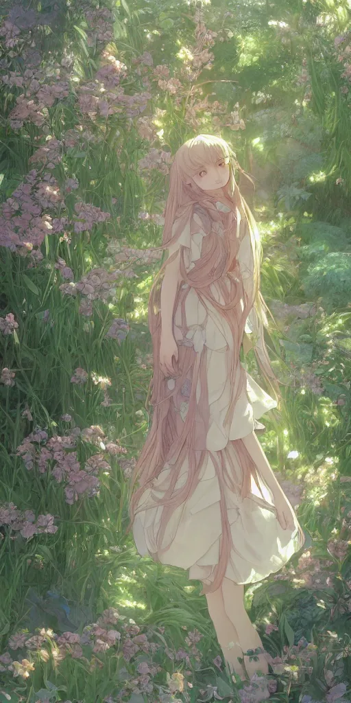 Prompt: a digital art of a loli with long hair in a dress in the privet garden at after noon, green and warm theme, back lighting, by krenz cushart and mucha and akihito yoshida and greg rutkowski and makoto shinkai, detailed eyes, 4 k resolution, trending on art station