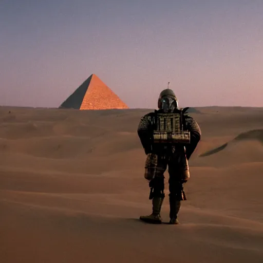 Prompt: a heavily armored man wearing a gasmask, walking over sand dunes, pyramid in background, film still, alexa 6 5, in color