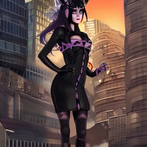 Prompt: cyber girl with demon horns and a short dress with gloomy face in front of a cybercity holding a black feather in her hand, 8k, painting