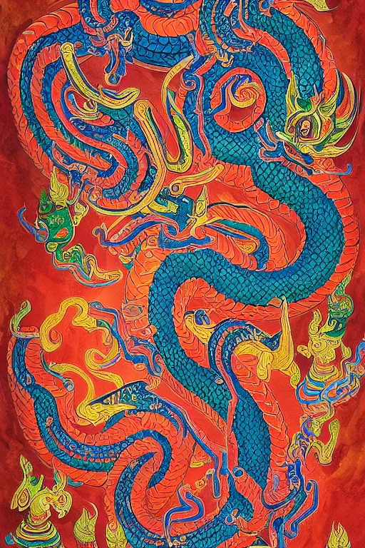 Image similar to naga art, mythical serpent southeast asian legends, thai traditional painting, royal thai art, guardian at the temple, garuda eagle, thai folklore, buddhist painting, thai dragon paintings by Chalermchai Kositpipat