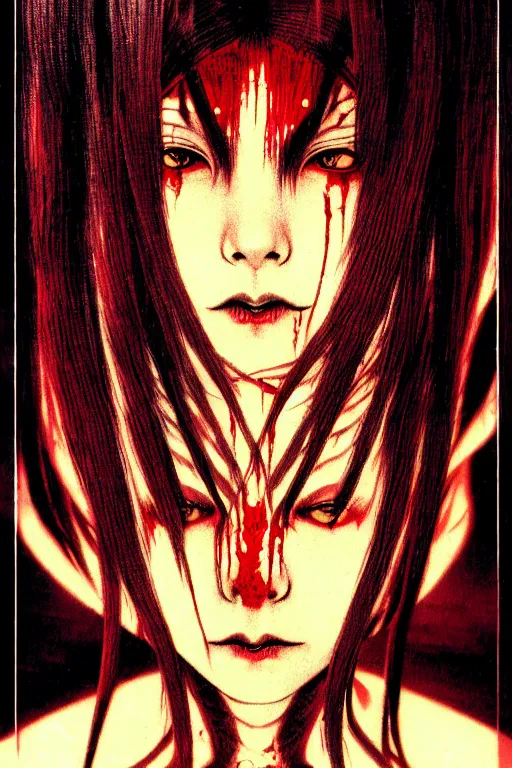 Image similar to japanese vampire girl, character portrait, portrait, close up, concept art, intricate details, highly detailed, eyes, yokai, blood, fangs, soft light, vintage sci - fi poster, in the style of chris foss, rodger dean, moebius, michael whelan, and gustave dore