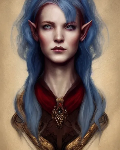 Prompt: A detailed matte oil on canvas head on symmetrical portrait of a distinguished elven woman with split red hair left and blue hair on an empty background, by Charlie bowater and lise deharme wlop, trending on artstationhd, dungeons and dragons art, half & half hair, split dye, critical role
