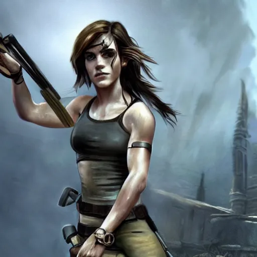 Image similar to Emma Watson as Lara Croft, concept art, highly-detailed, stunning