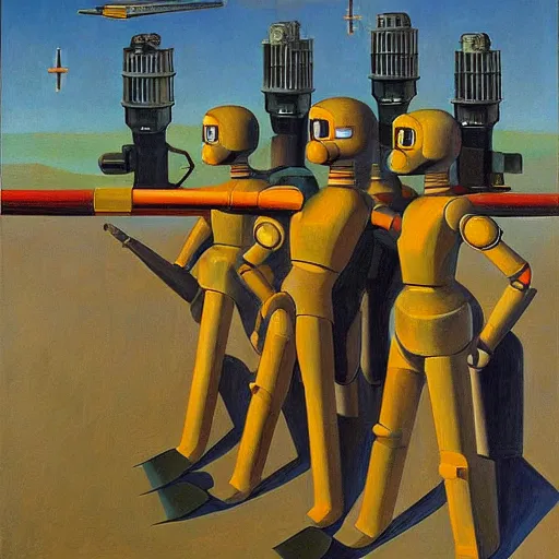 Image similar to battle robots in launch tubes, grant wood, pj crook, edward hopper, oil on canvas