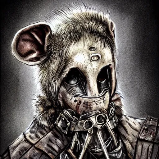 Prompt: A rat dressed like in Mad Max in the style of a DnD character portrait, concept art