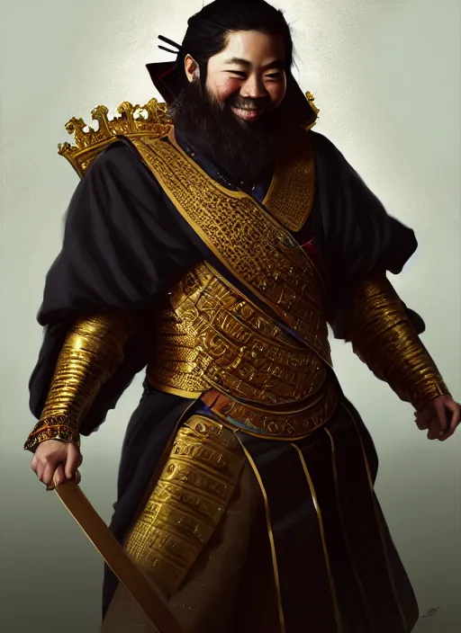 Image similar to gm hikaru nakamura dressed as a king, fantasy portrait, artstation, extremely detailed artgerm greg rutkowski