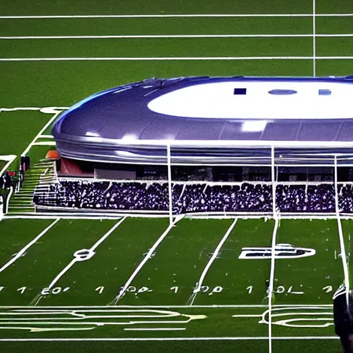 Image similar to Cellphone photo from the stands of a football stadium. An alien spacecraft lands on the field during a game