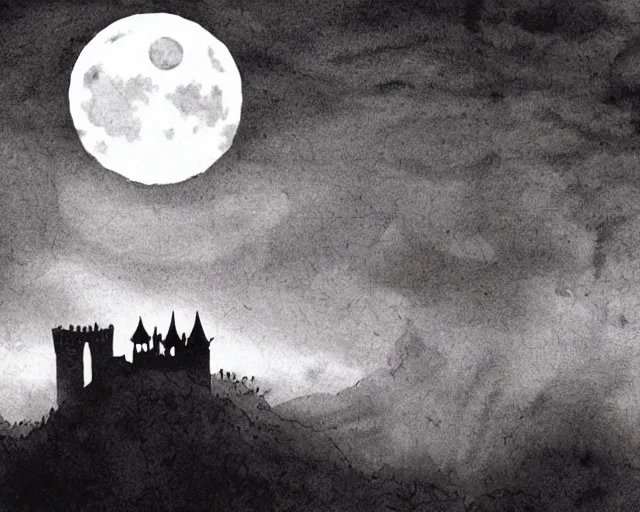 Image similar to dracula's castle rising up from the mist at night silhouetted by a single huge bloodmoon by marvel comics, stunning, comic, pen and ink, slash page, highly detailed