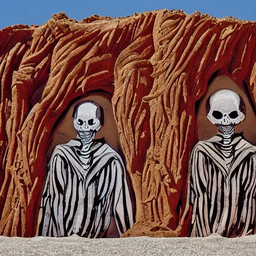 Prompt: A beautiful installation art of a horned, red-eyed, skeleton-like creature, with a long black cape, and a staff with a snake wrapped around it, standing in front of a castle atop a cliff. sand sculpture by Jasper Johns soothing