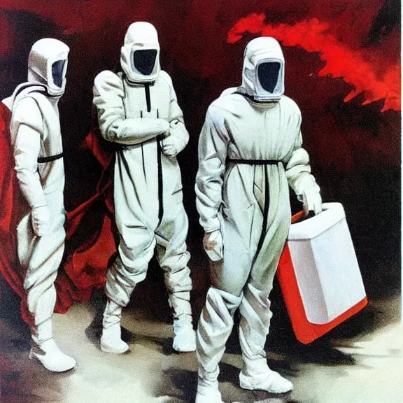Prompt: two scientists wearing red rick owens hazmat suits escaping the tear in the galactic continuum by frank frazetta