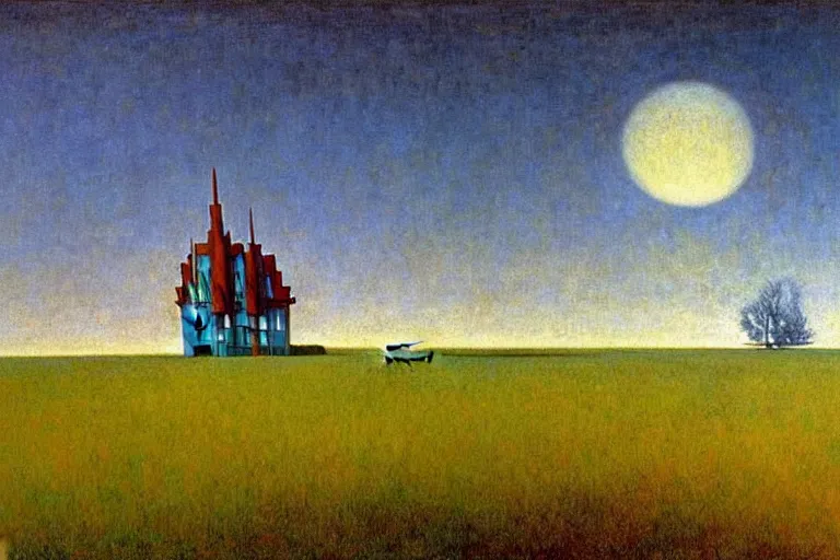 Prompt: realistic detailed landscape painting a single edward hopper house in a plain field, single ufo in the sky, futuristic sci-fi forest on background by Jean Delville, Amano, Yves Tanguy, Alphonse Mucha, Ernst Haeckel, Edward Robert Hughes, Roger Dean, rich moody colours, blue eyes