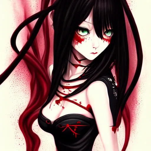 Image similar to beautiful seductive female vampire, draining blood from wrist, highly detailed, painting, dark red and black color palette, intricate, high quality, anime artstyle, in the style of sana takeda
