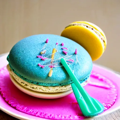 Image similar to macaron needle pillow with many needles on a plate